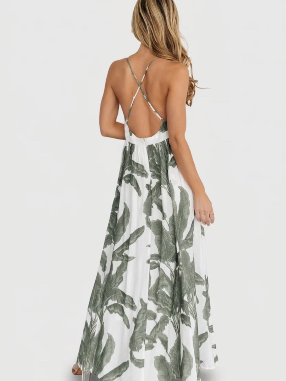 Miramar Maxi Dress Green Print L Tropical Vacation Leaves Floral PLEASE READ - Picture 2 of 16